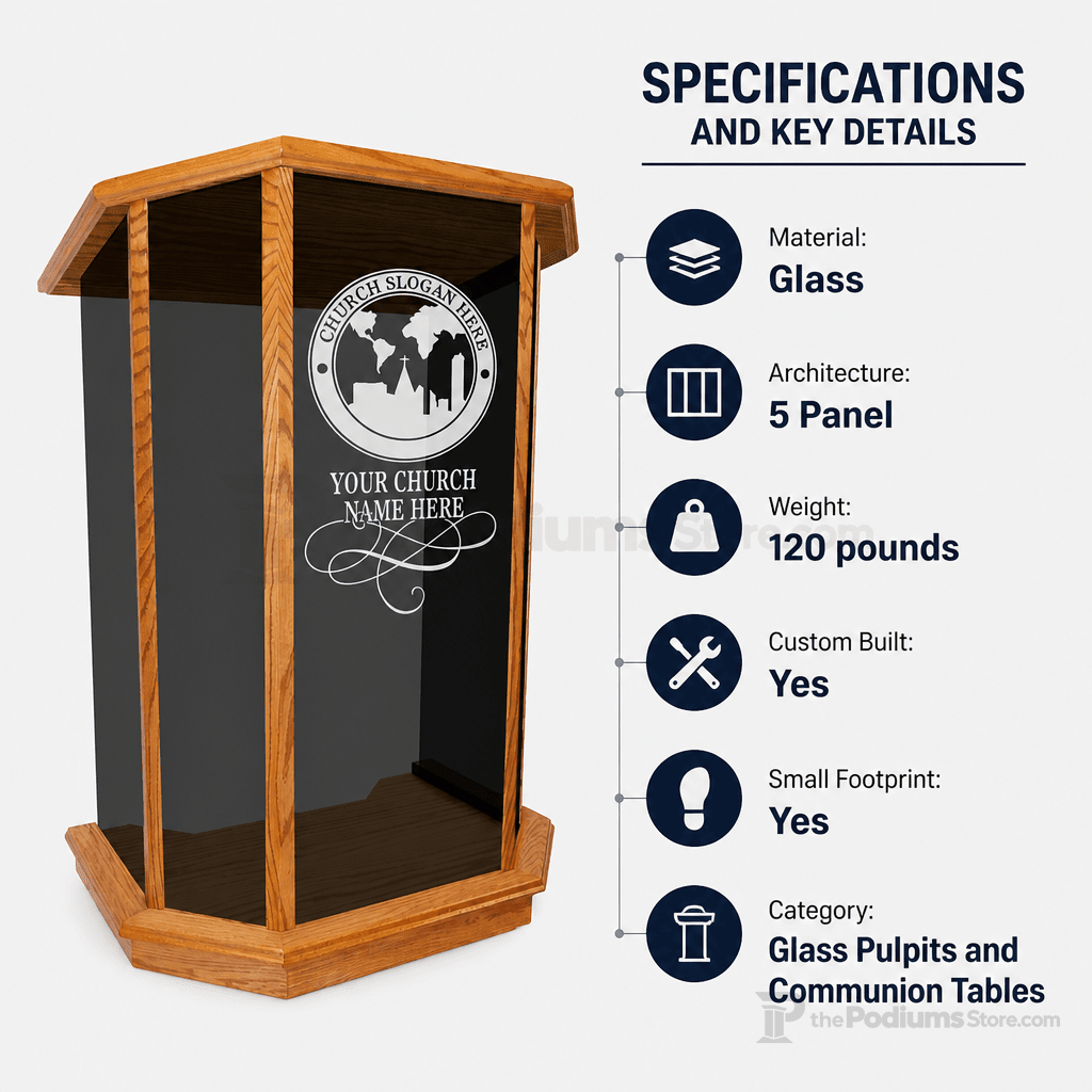 5-Panel Glass Church Pulpit (PS-NC26) Glass Pulpit NC26 Black Lacquer - thePodiumsStore