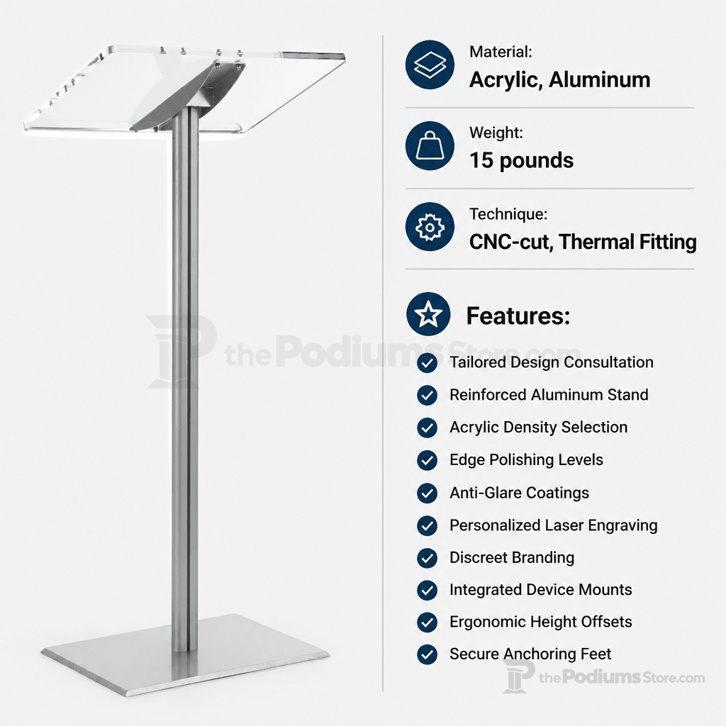 Acrylic Podium with Aluminum Stand — Silver Acrylic & Aluminum Podium CLRLECBNDS Silver - thePodiumsStore