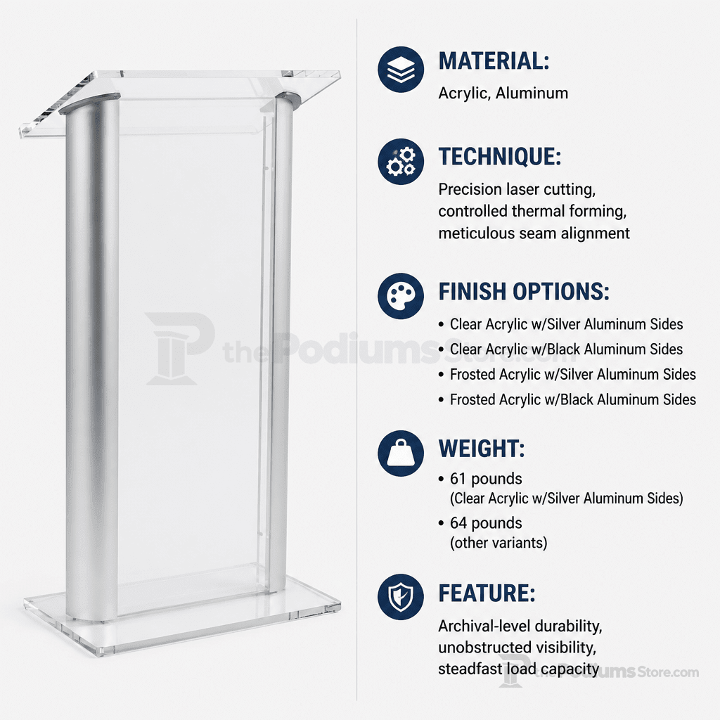 AlumAcrylic Acrylic & Aluminum Podium (PS-SN3080) Acrylic & Aluminum Podium LECTALAC Clear Acrylic w/Silver Aluminum Sides - thePodiumsStore