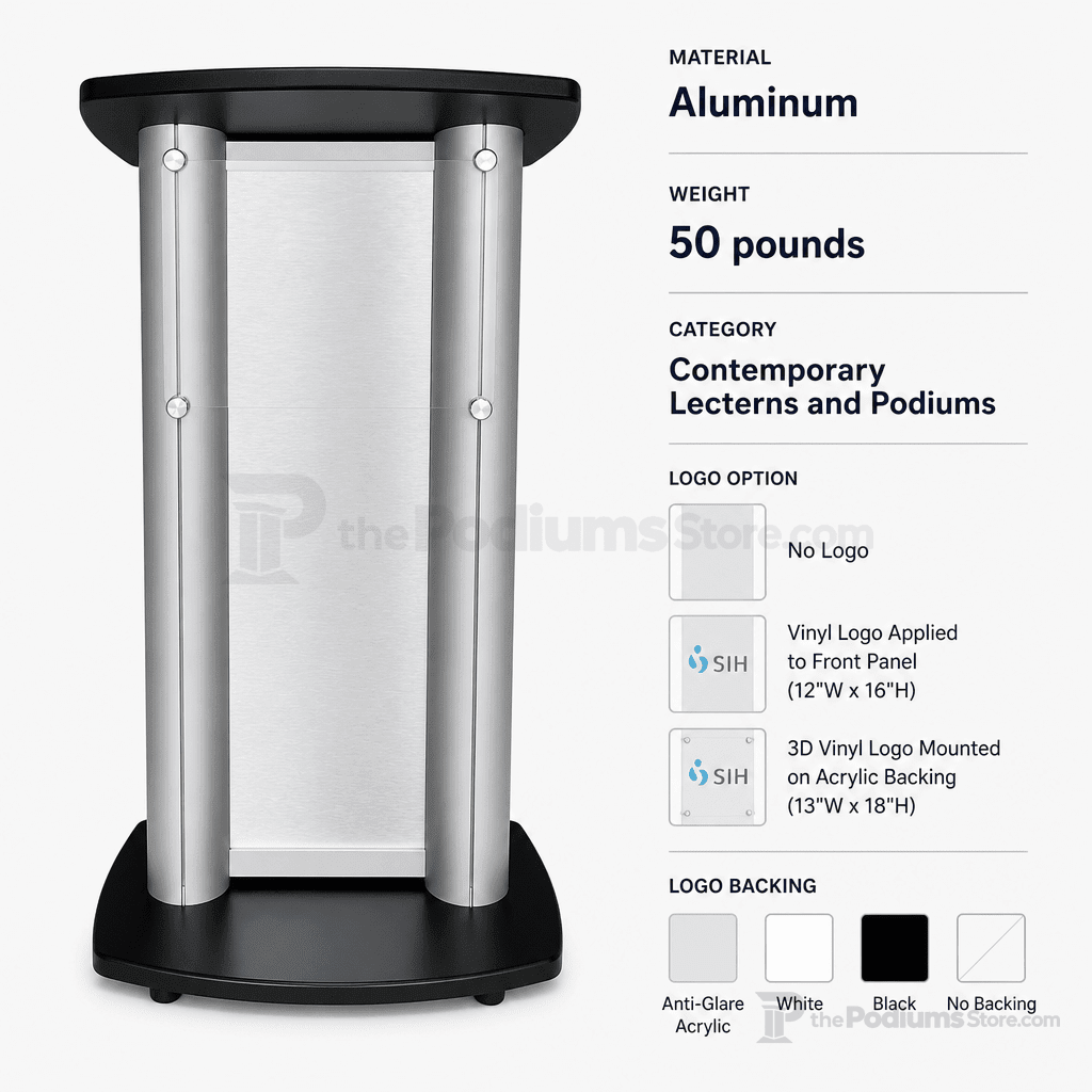 Aluminum Lectern — Contemporary (PS-CS1) Aluminum Lectern 1ALCS1 No Logo Anti-Glare Acrylic - thePodiumsStore