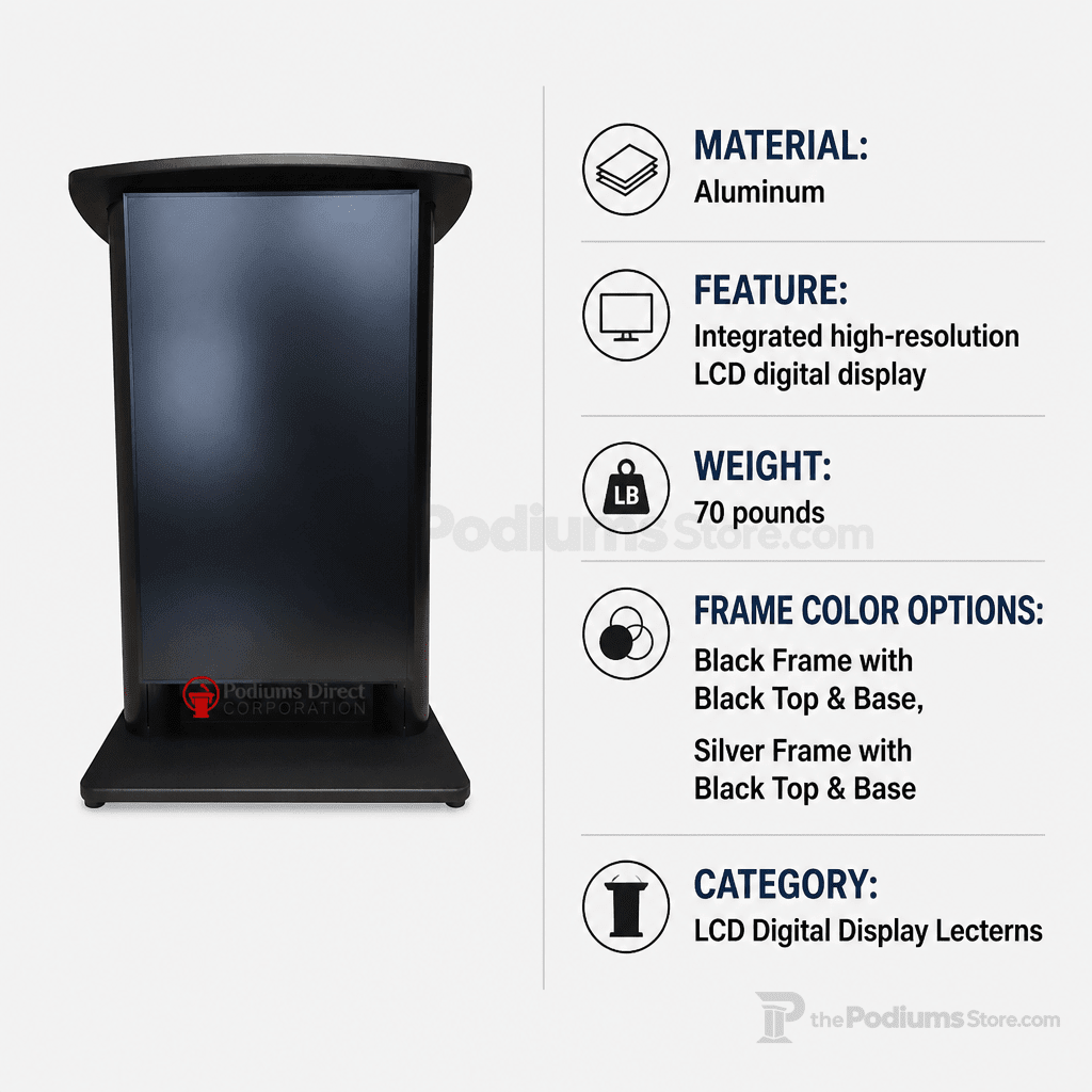 Aluminum Lectern with LCD Digital Display (PS-CS2) LCD Display Lectern 1AL-DIG-CS2-D Black Frame with Black Top & Base - thePodiumsStore
