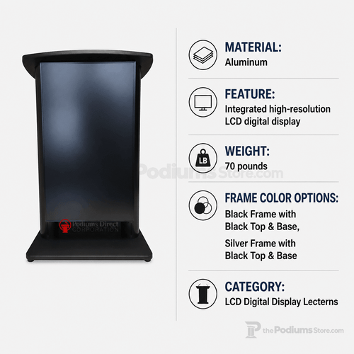 Aluminum Lectern with LCD Digital Display (PS-CS2) LCD Display Lectern 1AL-DIG-CS2-D Black Frame with Black Top & Base - thePodiumsStore