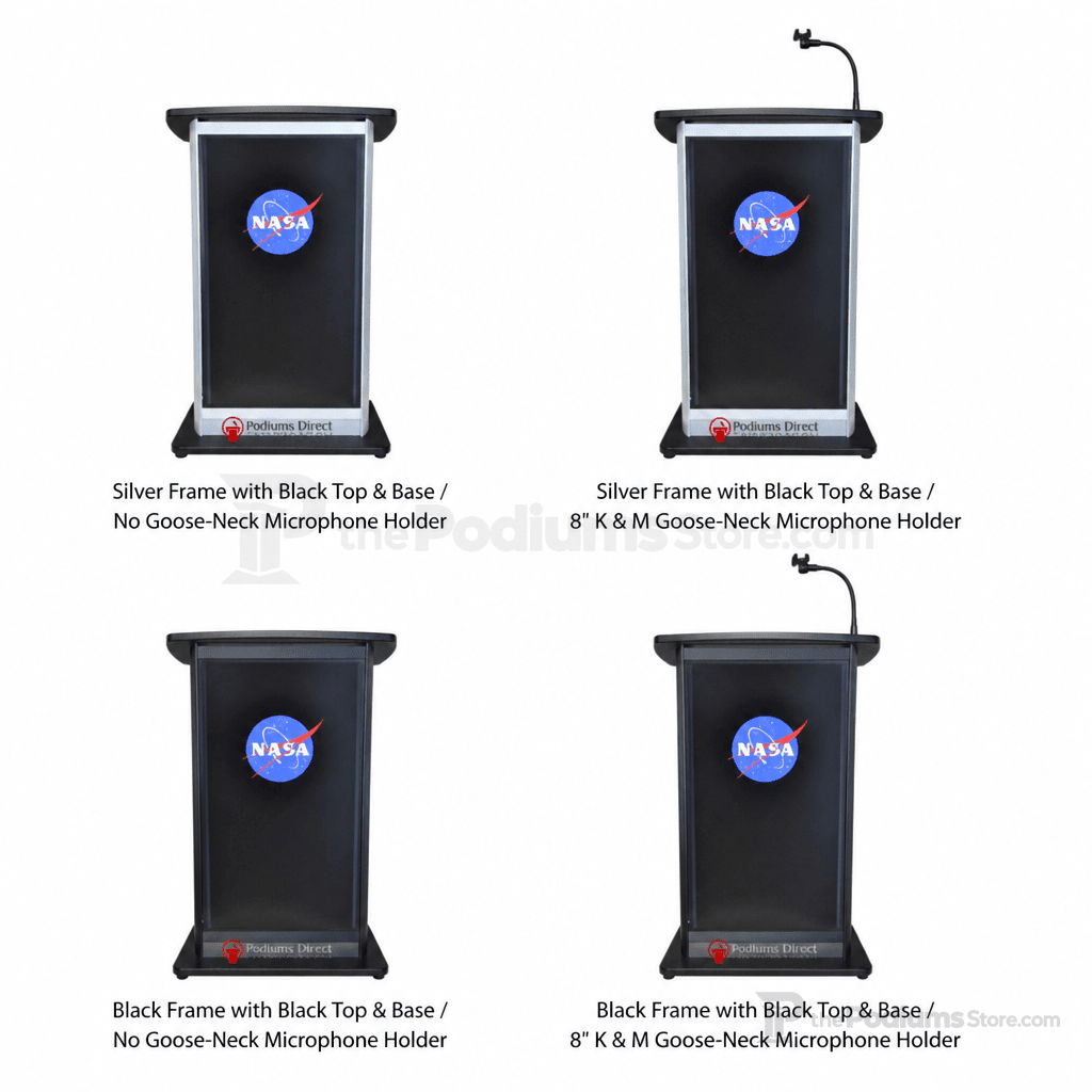 Aluminum Lectern with LCD Digital Display (PS-H2W) LCD Display Lectern 1AL-DIG-H2W Silver Frame with Black Top & Base No Goose-Neck Microphone Holder - thePodiumsStore