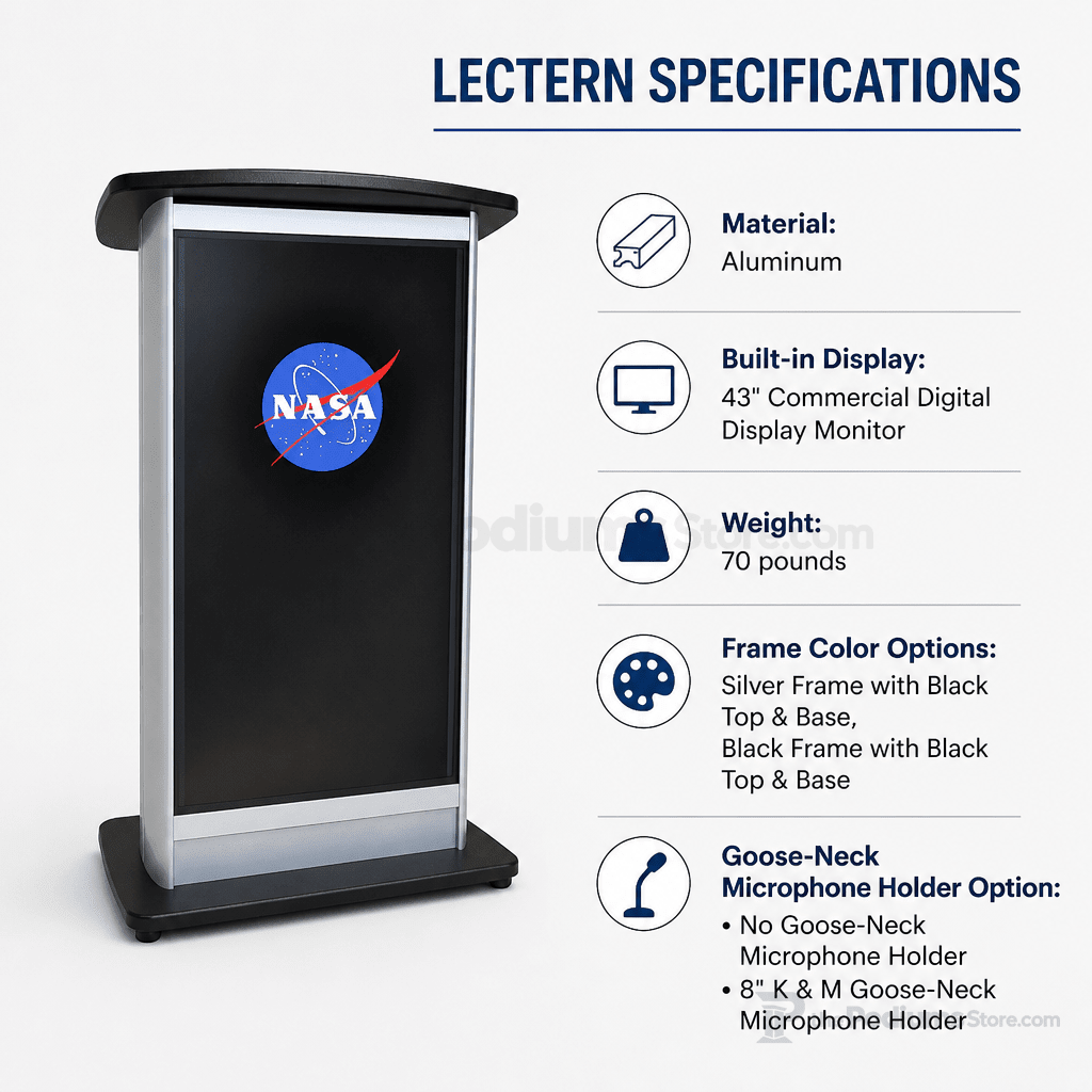 Aluminum Lectern with LCD Digital Display (PS-H2W) LCD Display Lectern 1AL-DIG-H2W Silver Frame with Black Top & Base No Goose-Neck Microphone Holder - thePodiumsStore