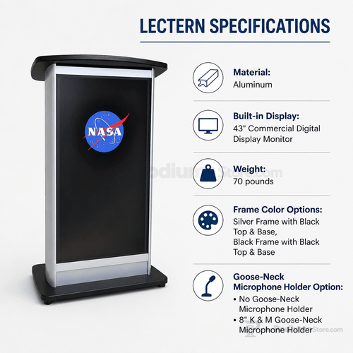 Aluminum Lectern with LCD Digital Display (PS-H2W) LCD Display Lectern 1AL-DIG-H2W Silver Frame with Black Top & Base No Goose-Neck Microphone Holder - thePodiumsStore