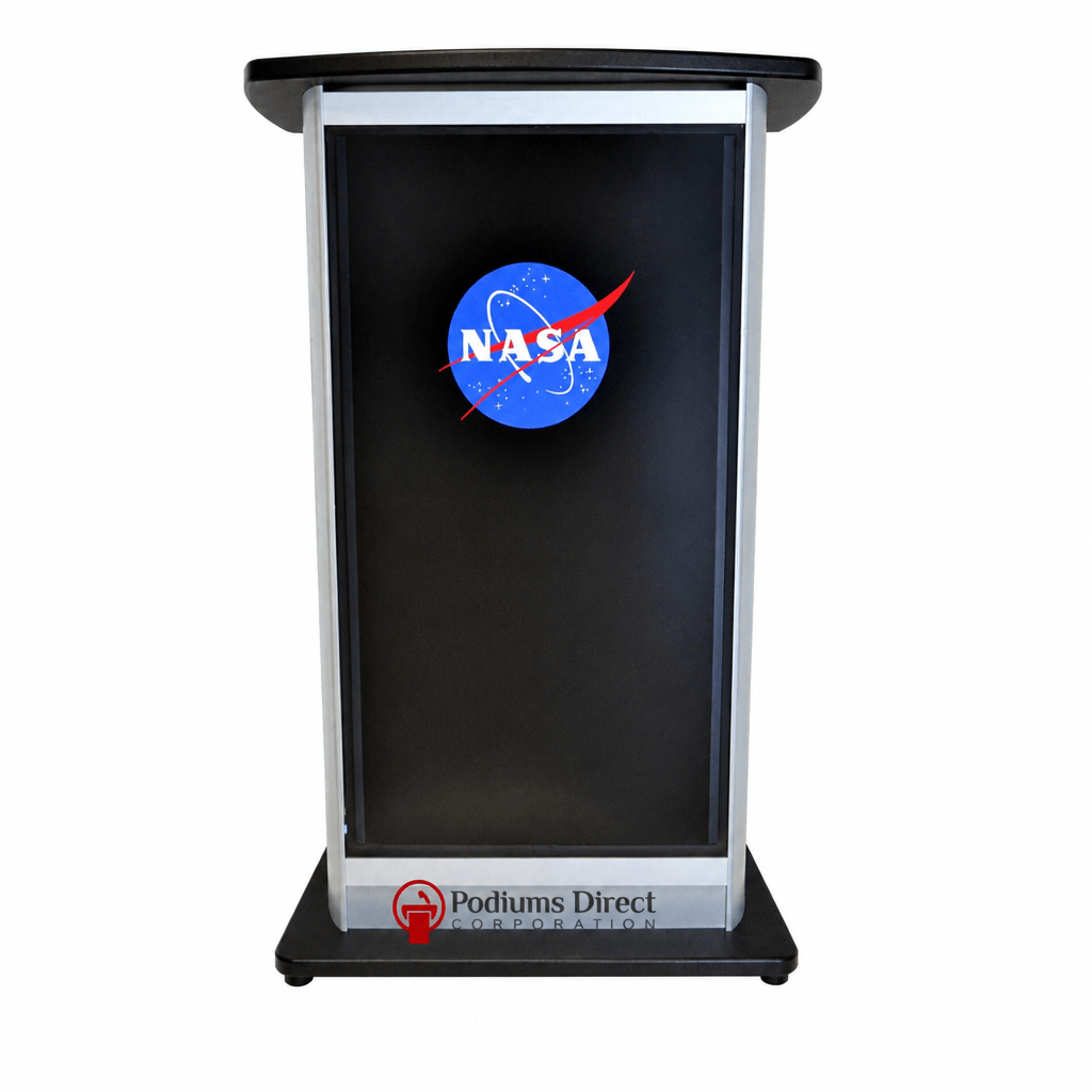 Aluminum Lectern with LCD Digital Display (PS-H2W) LCD Display Lectern 1AL-DIG-H2W Silver Frame with Black Top & Base No Goose-Neck Microphone Holder - thePodiumsStore