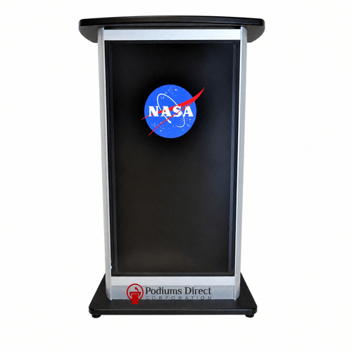 Aluminum Lectern with LCD Digital Display (PS-H2W) LCD Display Lectern 1AL-DIG-H2W Silver Frame with Black Top & Base No Goose-Neck Microphone Holder - thePodiumsStore
