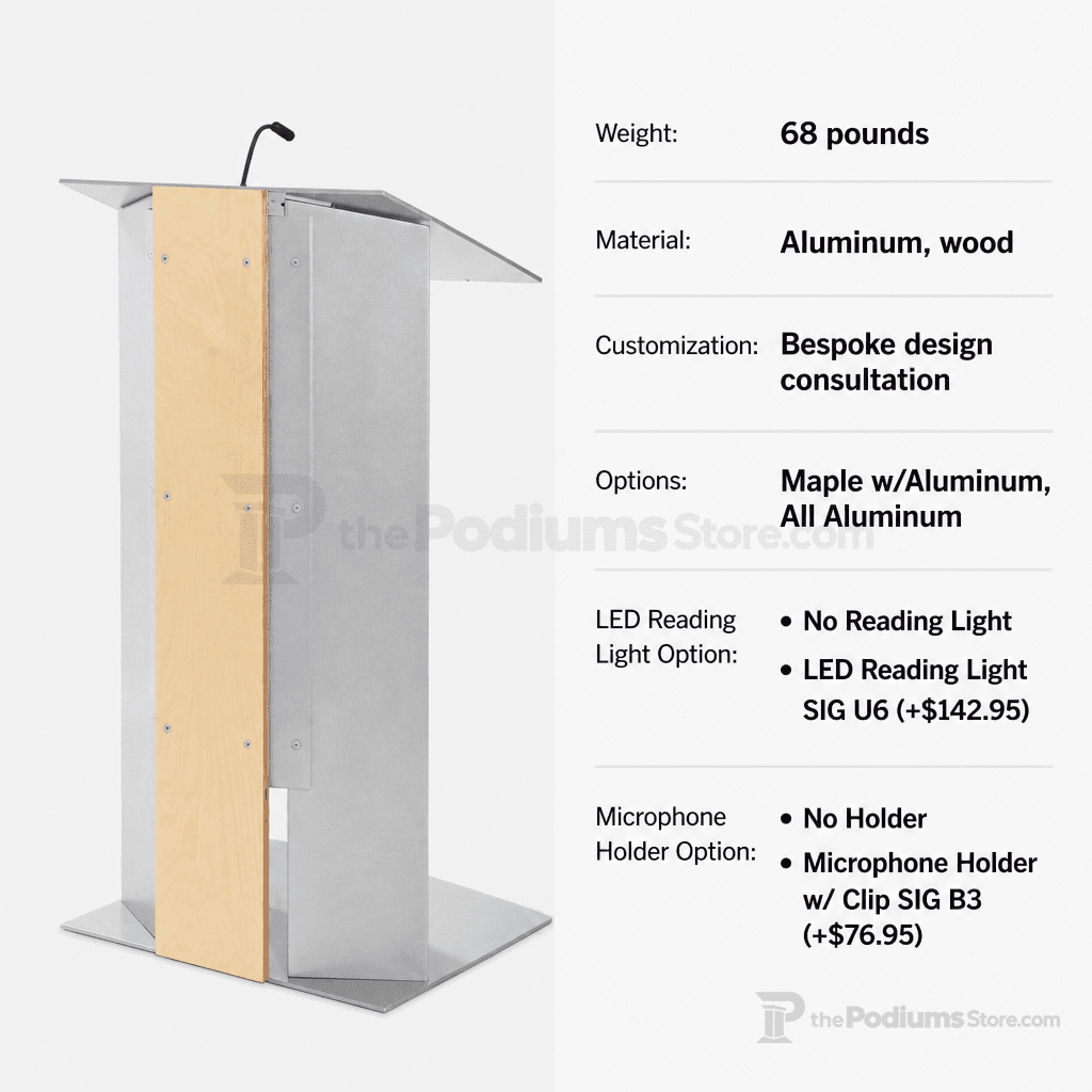 Aluminum & Wood Lectern — Contemporary (PS-K-6) Aluminum Lectern K6-V22 Maple w/Aluminum No Reading Light No Holder - thePodiumsStore