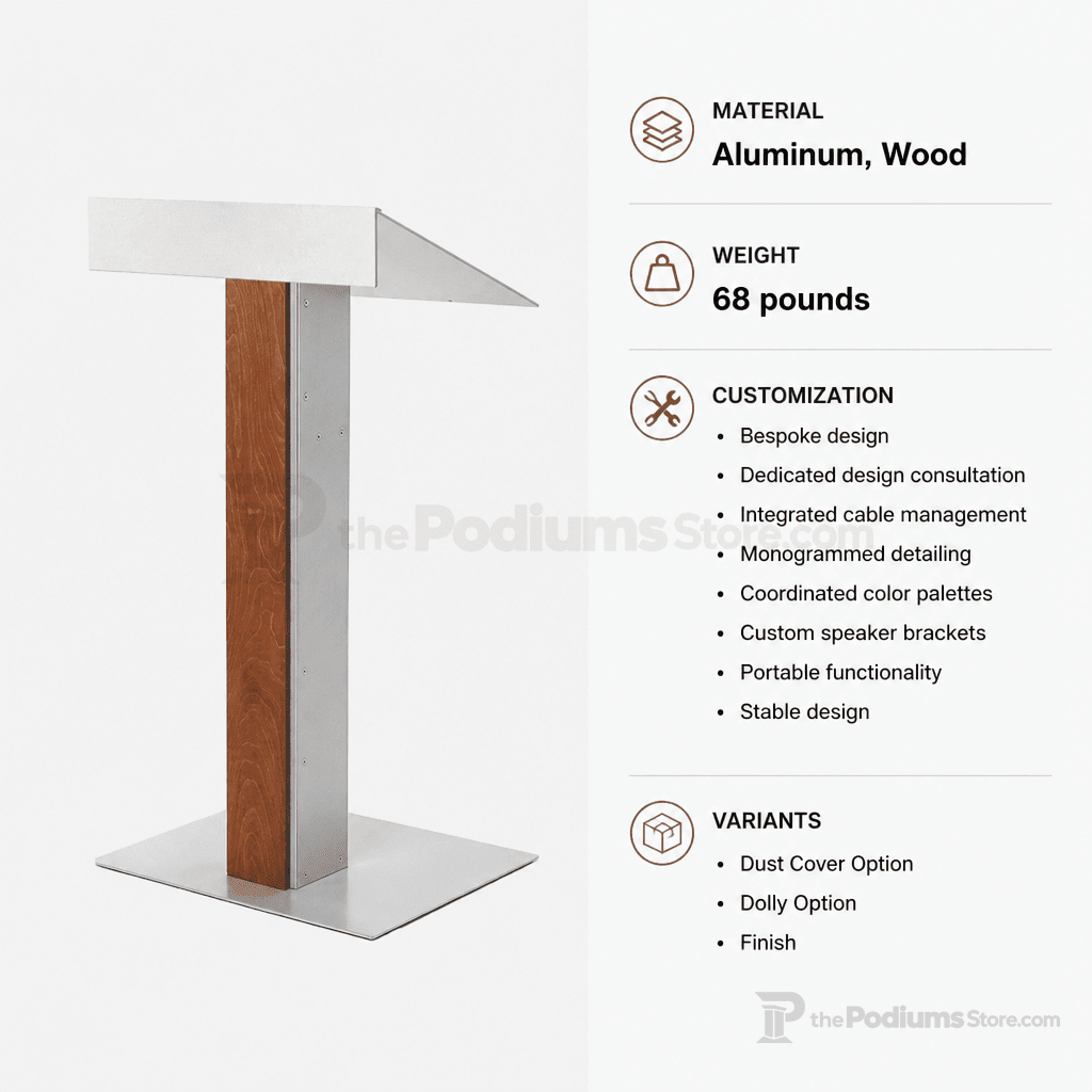 Aluminum & Wood Lectern — Contemporary (PS-Y-55) Aluminum Lectern Y55T4-V22 No Dust Cover No Dolly Unfinished - thePodiumsStore