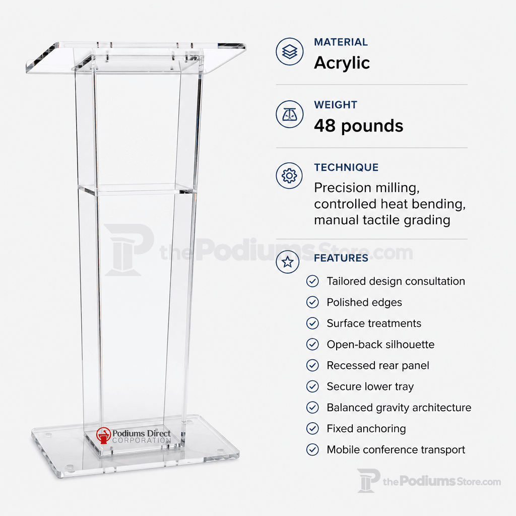 Clear Acrylic Lectern with Open Back & Shelf Acrylic Lectern LECTFACVFC - thePodiumsStore