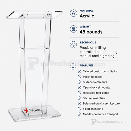 Clear Acrylic Lectern with Open Back & Shelf Acrylic Lectern LECTFACVFC - thePodiumsStore