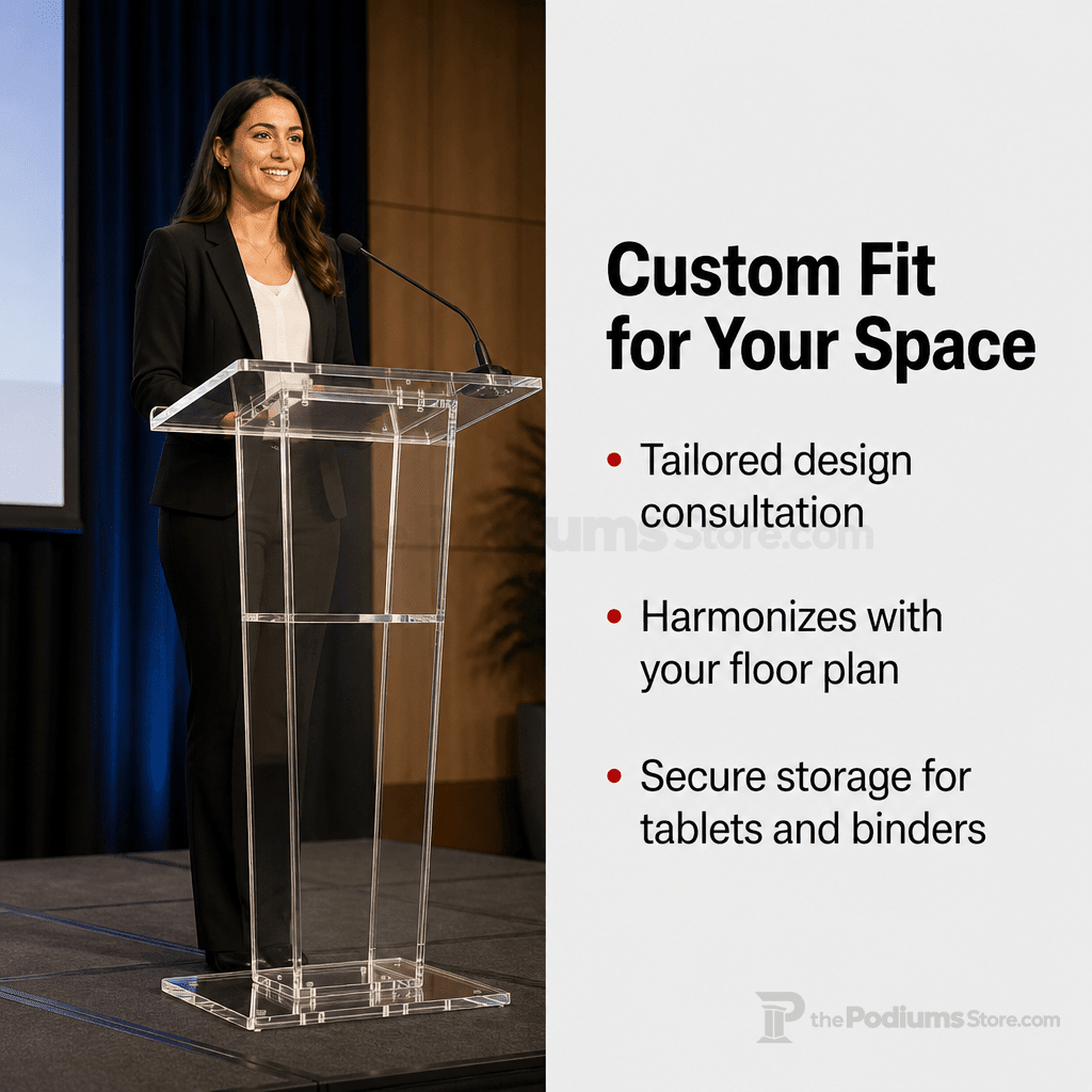 Clear Acrylic Lectern with Open Back & Shelf Acrylic Lectern LECTFACVFC - thePodiumsStore