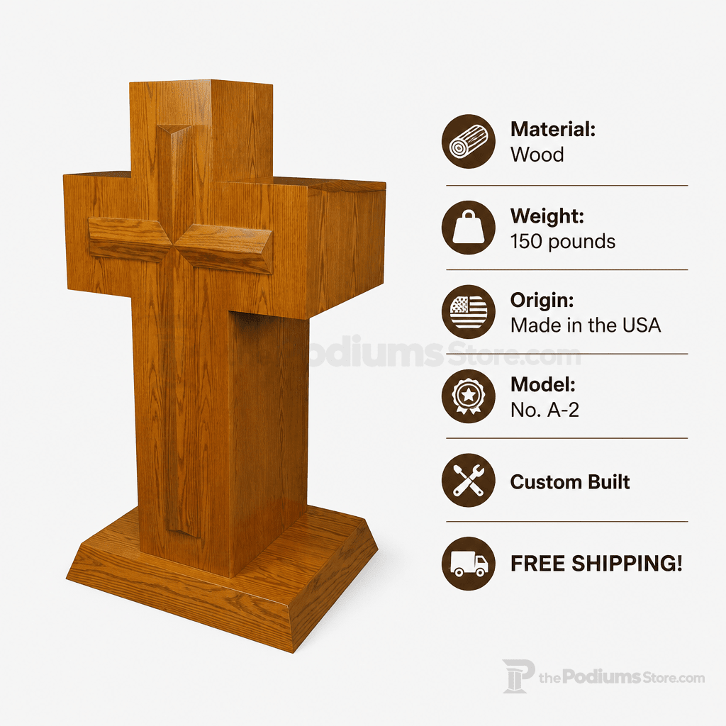 Cross-Front Wood Church Pulpit (PS-A-2) Church Wood Pulpit No. A-2 Light Oak 35 - thePodiumsStore
