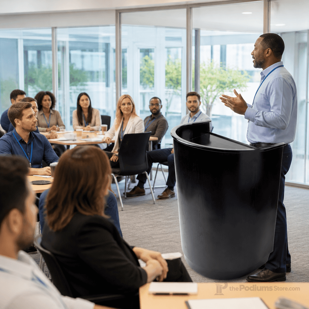 Curved Mobile Speech Lectern — Black Non-Sound Lectern LVPRNDBLK - thePodiumsStore