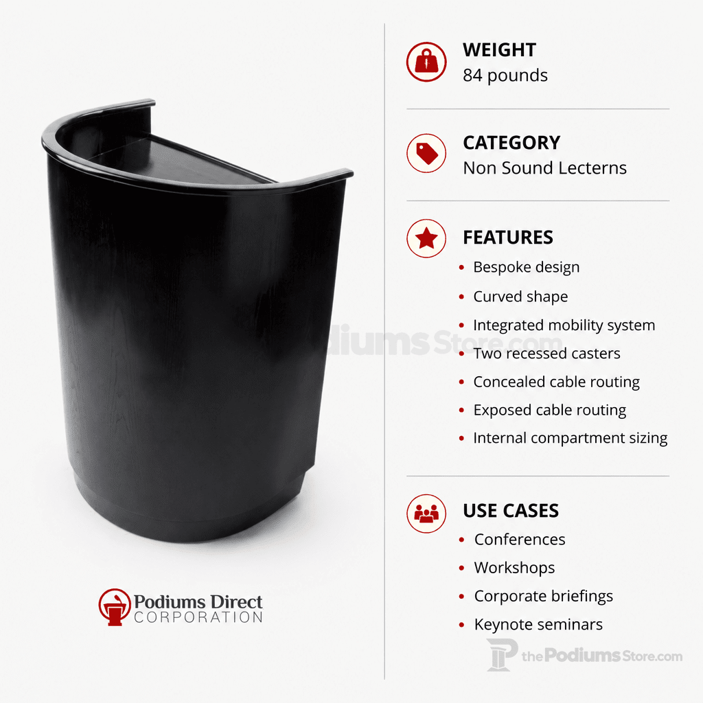 Curved Mobile Speech Lectern — Black Non-Sound Lectern LVPRNDBLK - thePodiumsStore