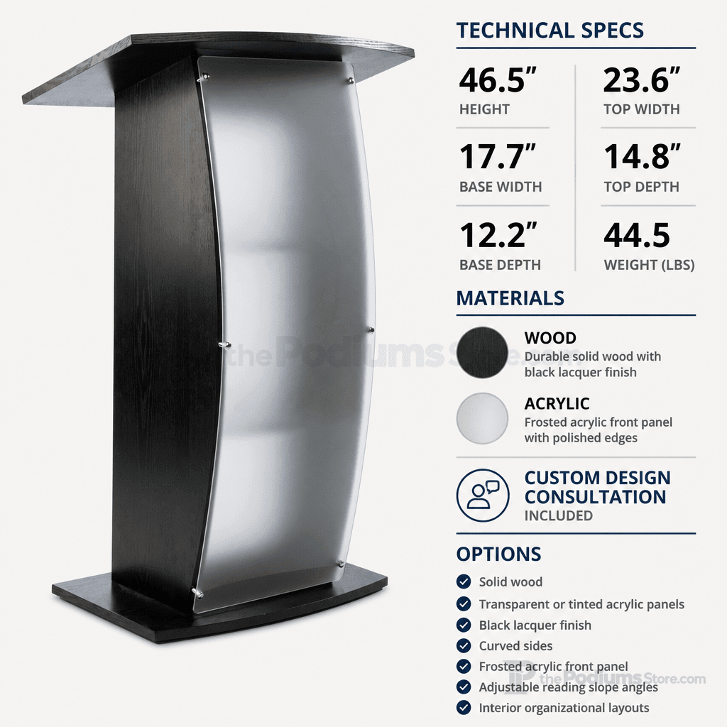 Curved Wood & Acrylic Pulpit, Frosted Front — Black Wood & Acrylic Pulpit FLCTSHLFBKA - thePodiumsStore