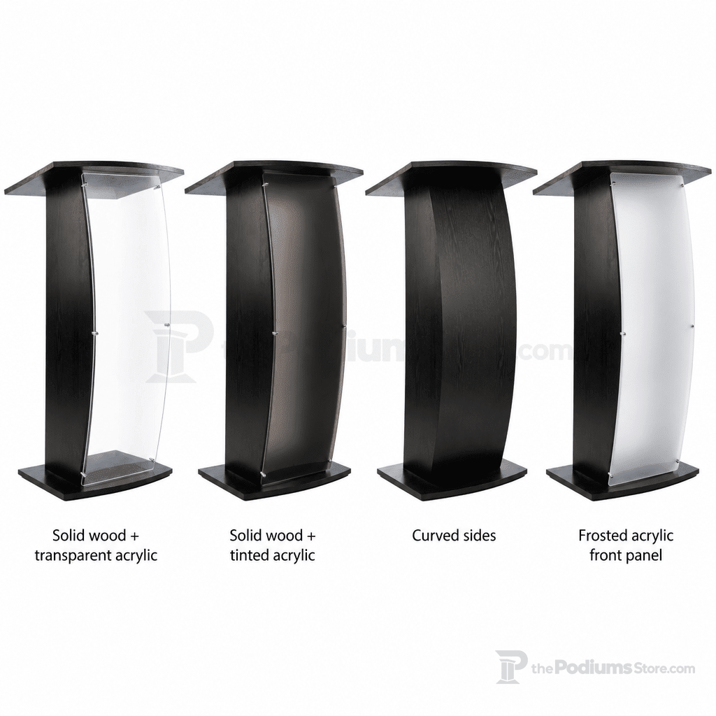 Curved Wood & Acrylic Pulpit, Frosted Front — Black Wood & Acrylic Pulpit FLCTSHLFBKA - thePodiumsStore