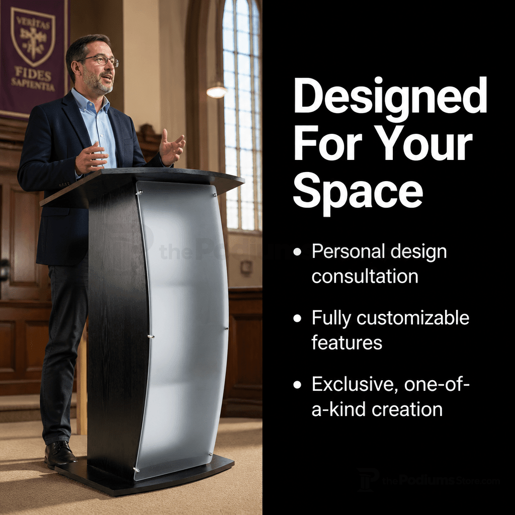 Curved Wood & Acrylic Pulpit, Frosted Front — Black Wood & Acrylic Pulpit FLCTSHLFBKA - thePodiumsStore