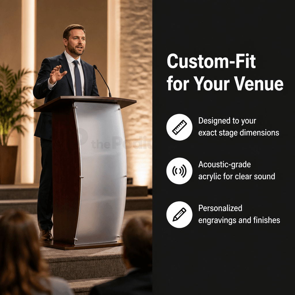 Curved Wood & Acrylic Pulpit, Frosted Front — Mahogany Wood & Acrylic Pulpit FLCTSHLFRMA - thePodiumsStore
