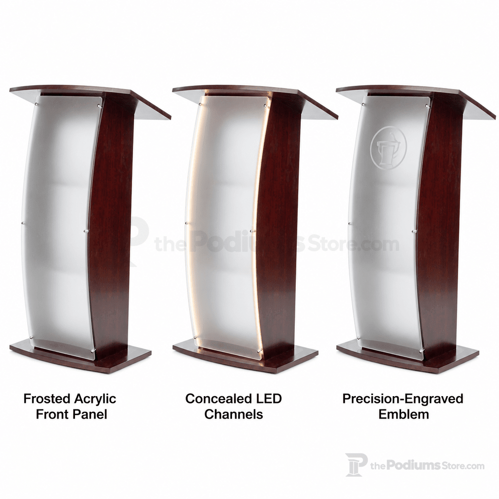 Curved Wood & Acrylic Pulpit, Frosted Front — Mahogany Wood & Acrylic Pulpit FLCTSHLFRMA - thePodiumsStore