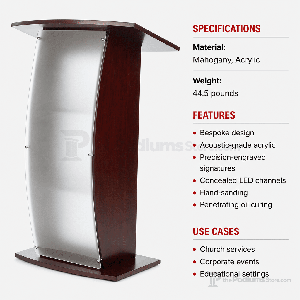 Curved Wood & Acrylic Pulpit, Frosted Front — Mahogany Wood & Acrylic Pulpit FLCTSHLFRMA - thePodiumsStore