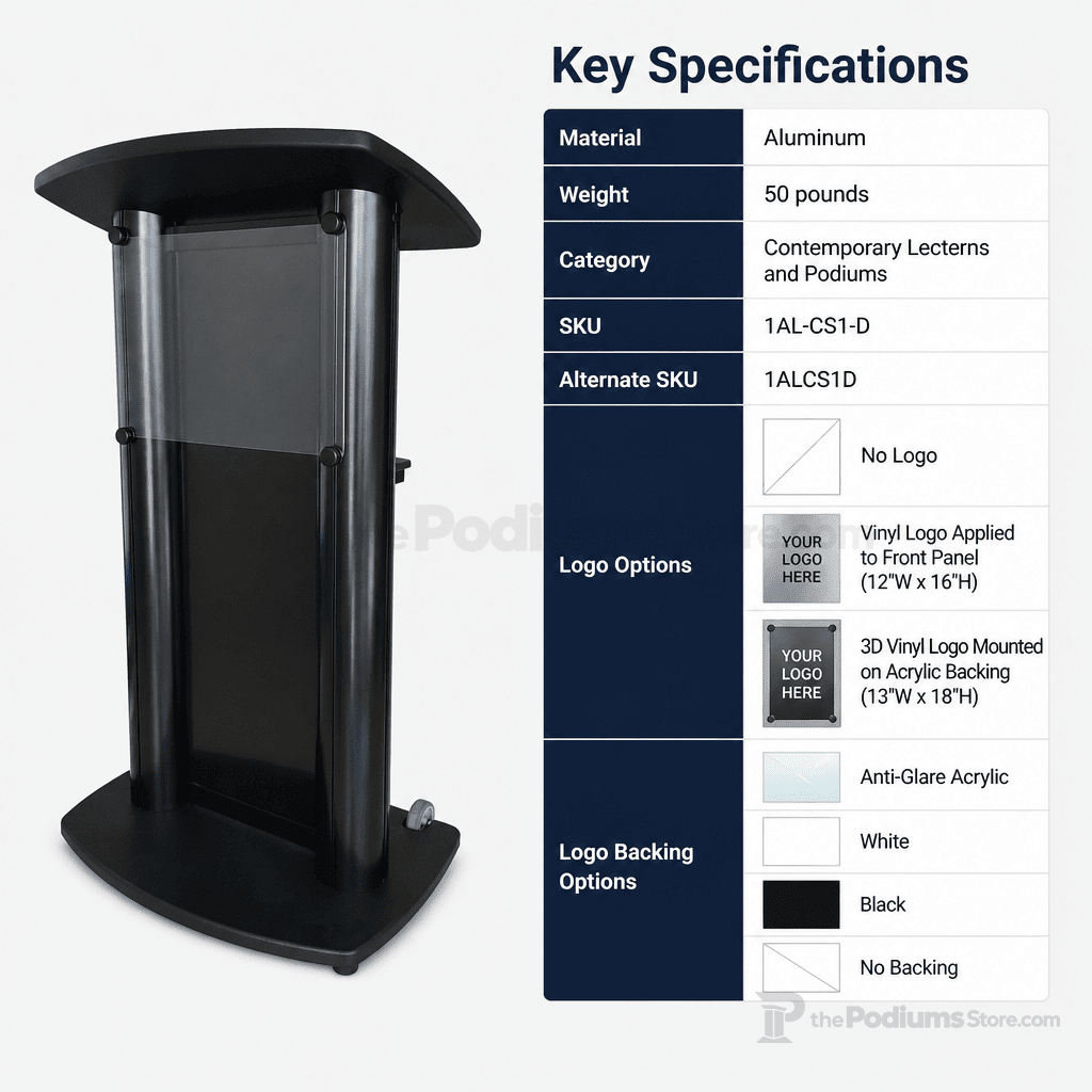 Deluxe Aluminum Lectern — Contemporary (PS-CS1) Aluminum Lectern 1AL-CS1-D No Logo Anti-Glare Acrylic - thePodiumsStore