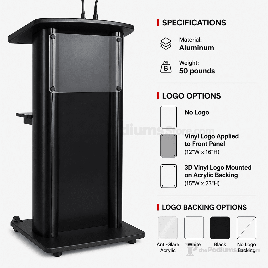 Deluxe Aluminum Lectern — Contemporary (PS-CS2) Aluminum Lectern 1AL-CS2-D No Logo Anti-Glare Acrylic - thePodiumsStore