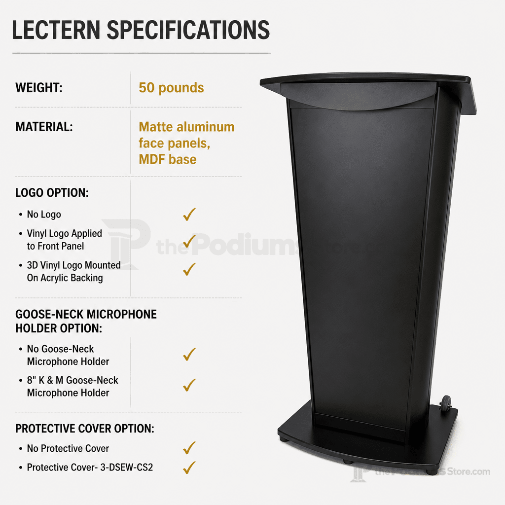 Deluxe Aluminum Lectern — Contemporary (PS-VH1) Aluminum Lectern 1ALVH1D No Logo No Goose-Neck Microphone Holder No Protective Cover - thePodiumsStore