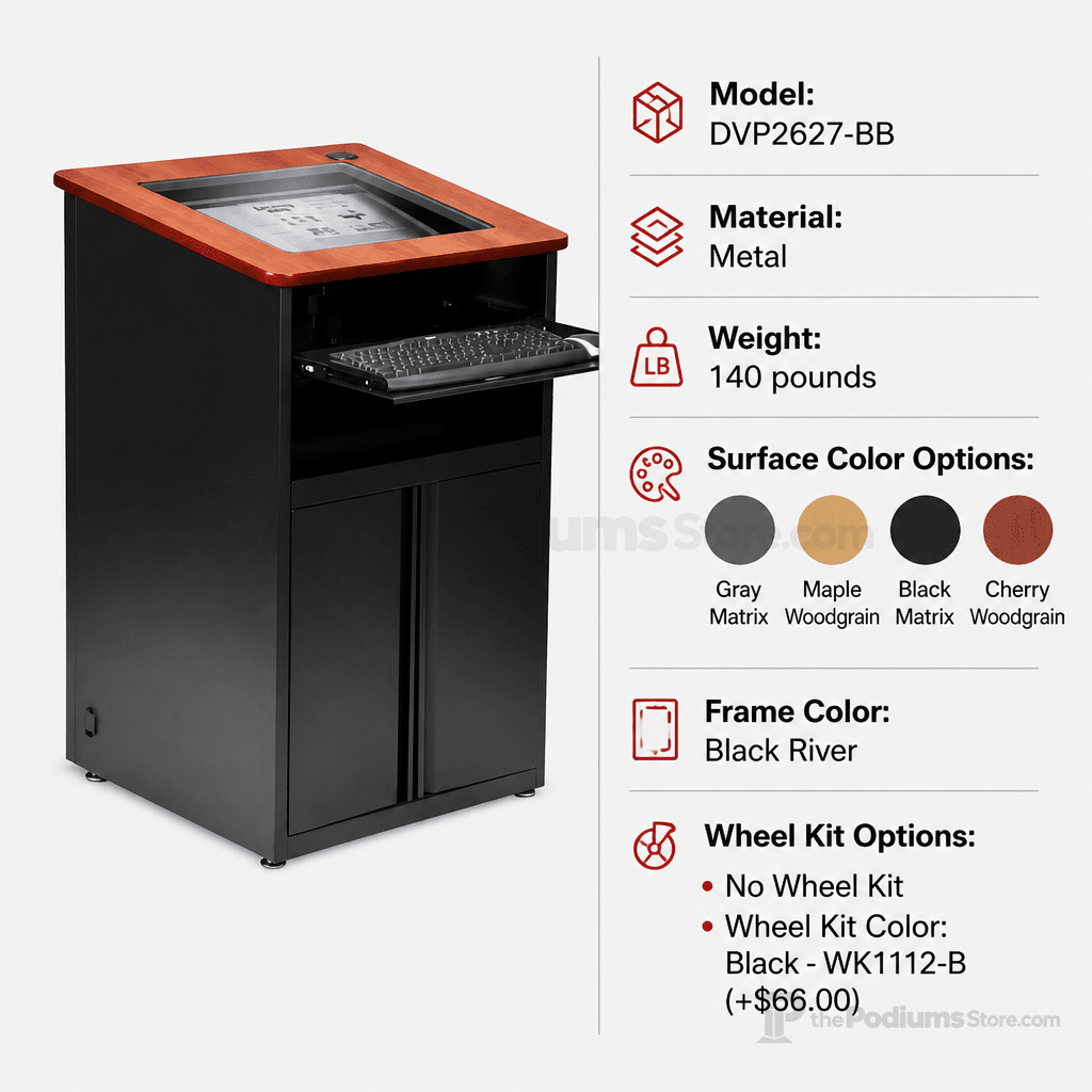 Down-View Computer Lectern with LCD Display (PS-DVP2627-BB) LCD Display Lectern DVP2627-BB Surface Color Gray Matrix Frame Color Black River No Wheel Kit - thePodiumsStore