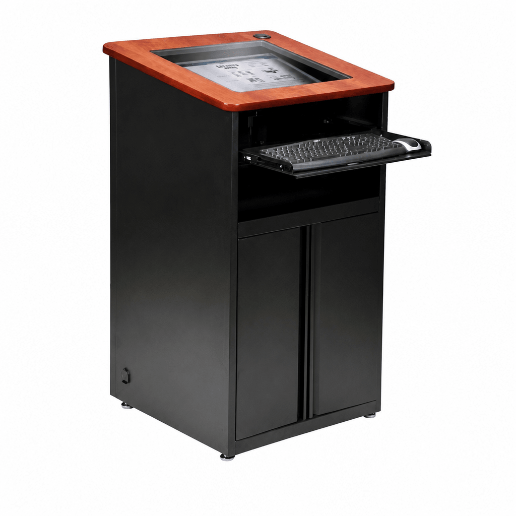 Down-View Computer Lectern with LCD Display (PS-DVP2627-BB) LCD Display Lectern DVP2627-BB Surface Color Gray Matrix Frame Color Black River No Wheel Kit - thePodiumsStore