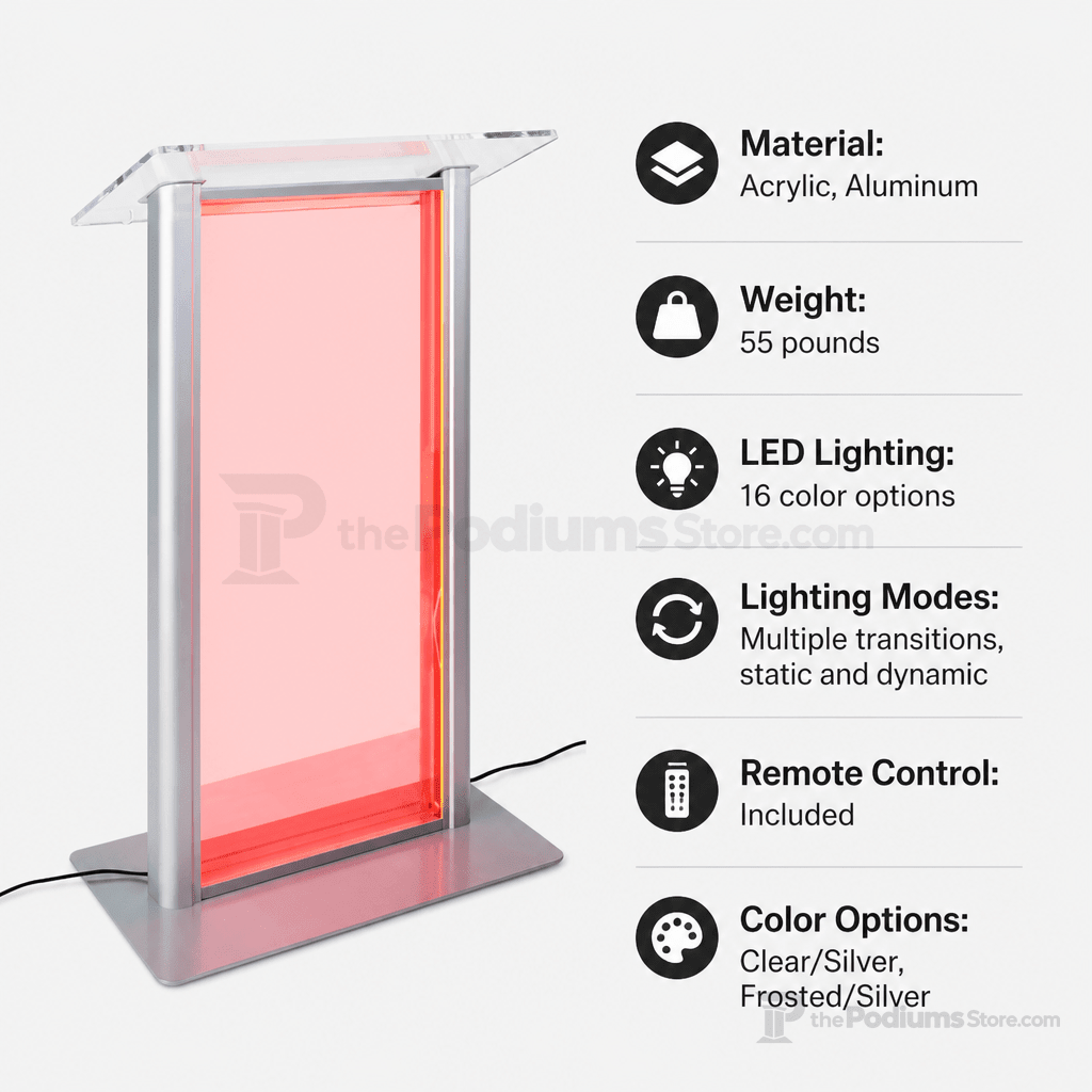 Illuminated Acrylic & Aluminum Podium with LED Panel Acrylic & Aluminum Podium LDLECTCL1 Clear/Silver - LDLECTCL1 - thePodiumsStore