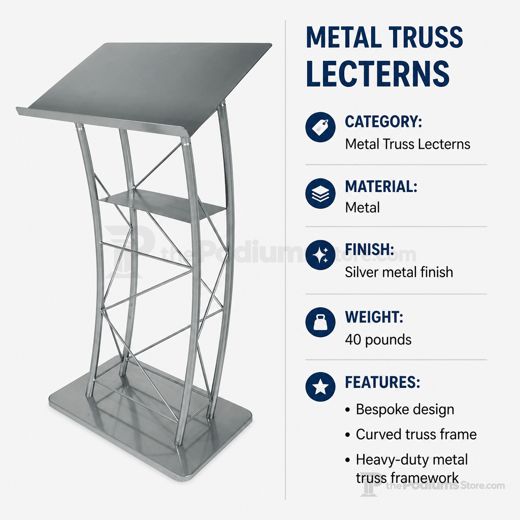 Large Curved Metal Truss Lectern — Silver (PS-KML2S) Metal Truss Lectern KML2S - thePodiumsStore