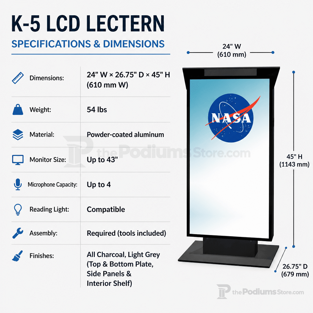 LCD Digital Display Lectern (PS-K-5) LCD Display Lectern K51-V23 All Charcoal No Gooseneck Microphone CM15P - thePodiumsStore