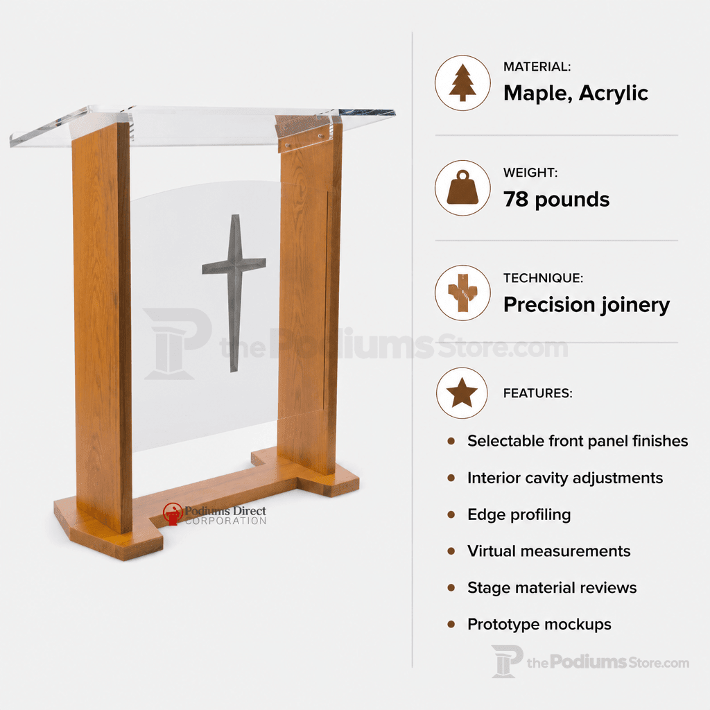 Maple Wood & Acrylic Pulpit, Optional Cross Front Wood & Acrylic Pulpit LECTWFAWADO - thePodiumsStore