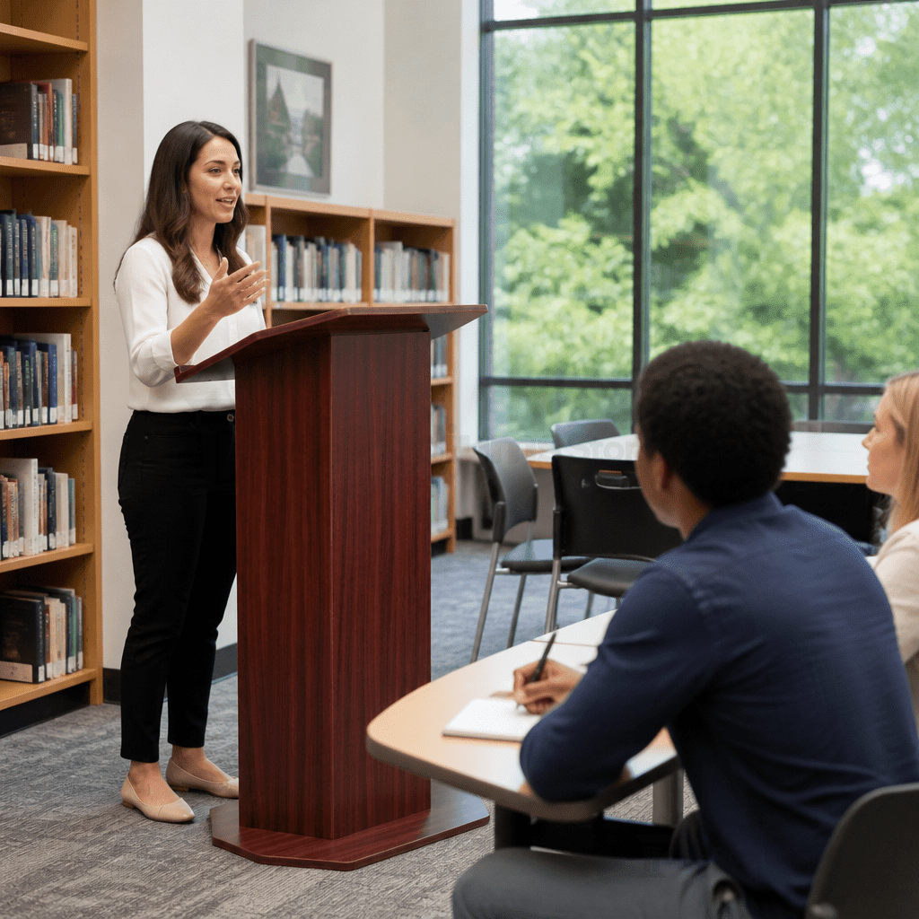 Mobile Lectern with Open Back & Shelf — Mahogany Portable Lectern OLILCTOPBSM - thePodiumsStore