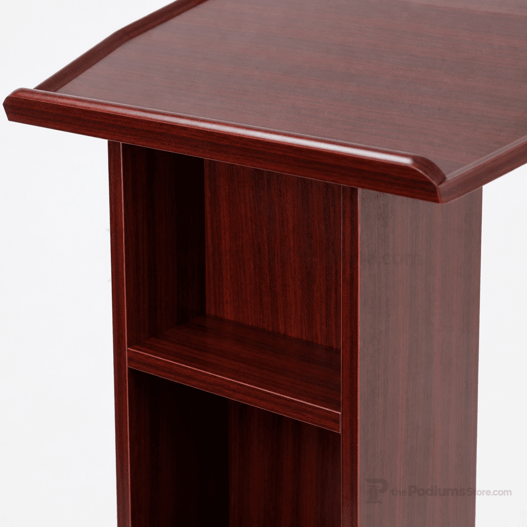 Mobile Lectern with Open Back & Shelf — Mahogany Portable Lectern OLILCTOPBSM - thePodiumsStore