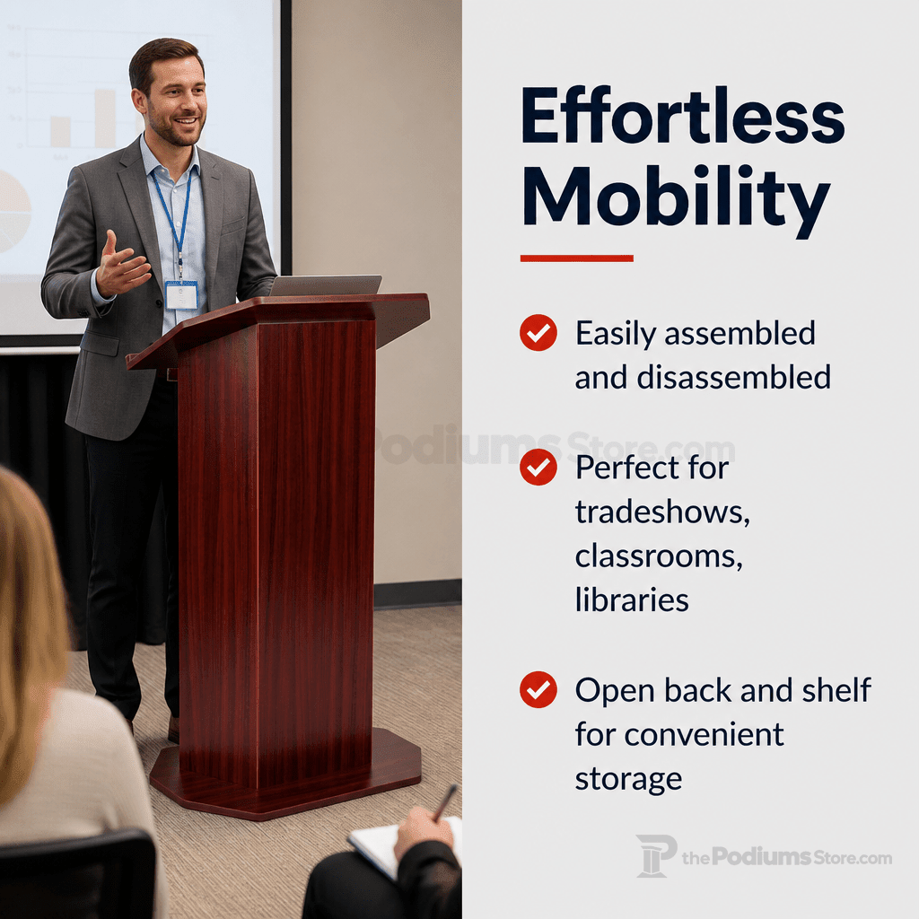Mobile Lectern with Open Back & Shelf — Mahogany Portable Lectern OLILCTOPBSM - thePodiumsStore