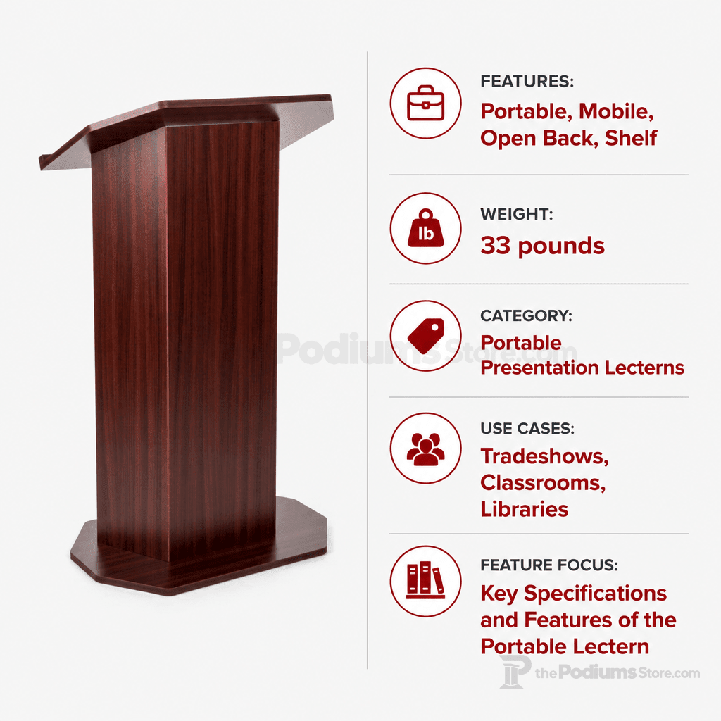 Mobile Lectern with Open Back & Shelf — Mahogany Portable Lectern OLILCTOPBSM - thePodiumsStore