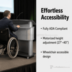 Motorized Height-Adjustable ADA Aluminum Lectern Height Adjustable Lectern 1ALACC No Logo Silver Frame with Black Top & Base - thePodiumsStore