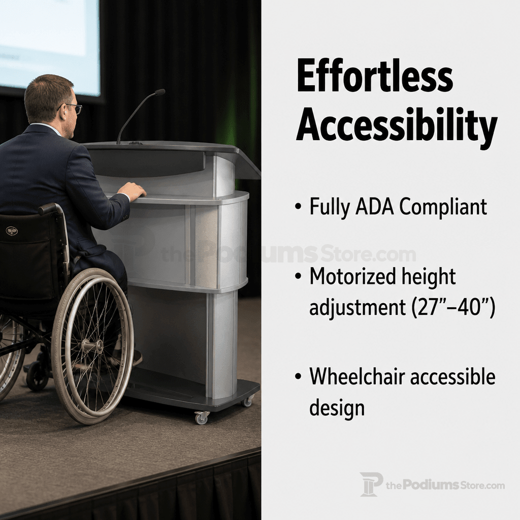 Motorized Height-Adjustable ADA Aluminum Lectern Height Adjustable Lectern 1ALACC No Logo Silver Frame with Black Top & Base - thePodiumsStore