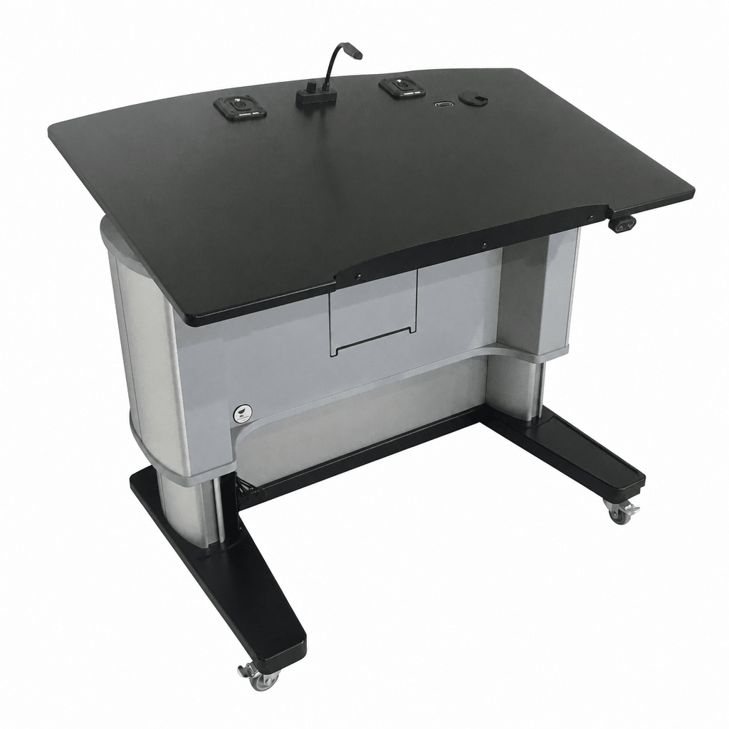 Motorized Height-Adjustable ADA Aluminum Lectern Height Adjustable Lectern 1ALACC No Logo Silver Frame with Black Top & Base - thePodiumsStore