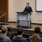 Motorized Height-Adjustable ADA Aluminum Lectern Height Adjustable Lectern 1ALACC No Logo Silver Frame with Black Top & Base - thePodiumsStore