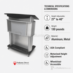 Motorized Height-Adjustable ADA Aluminum Lectern Height Adjustable Lectern 1ALACC No Logo Silver Frame with Black Top & Base - thePodiumsStore