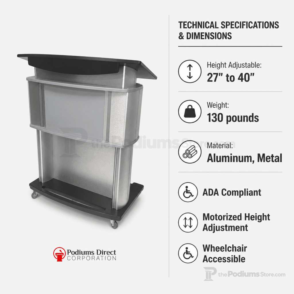 Motorized Height-Adjustable ADA Aluminum Lectern Height Adjustable Lectern 1ALACC No Logo Silver Frame with Black Top & Base - thePodiumsStore
