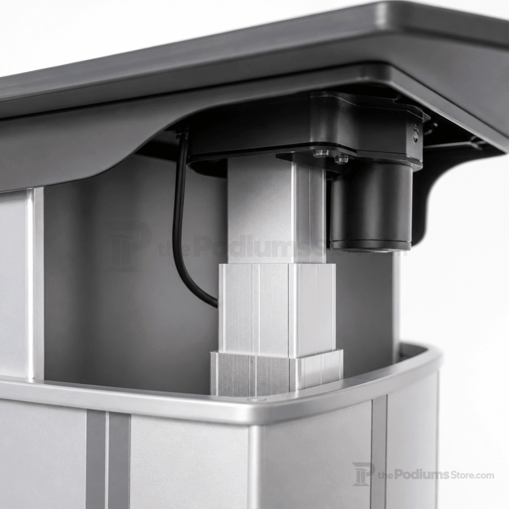 Motorized Height-Adjustable ADA Aluminum Lectern Height Adjustable Lectern 1ALACC No Logo Silver Frame with Black Top & Base - thePodiumsStore