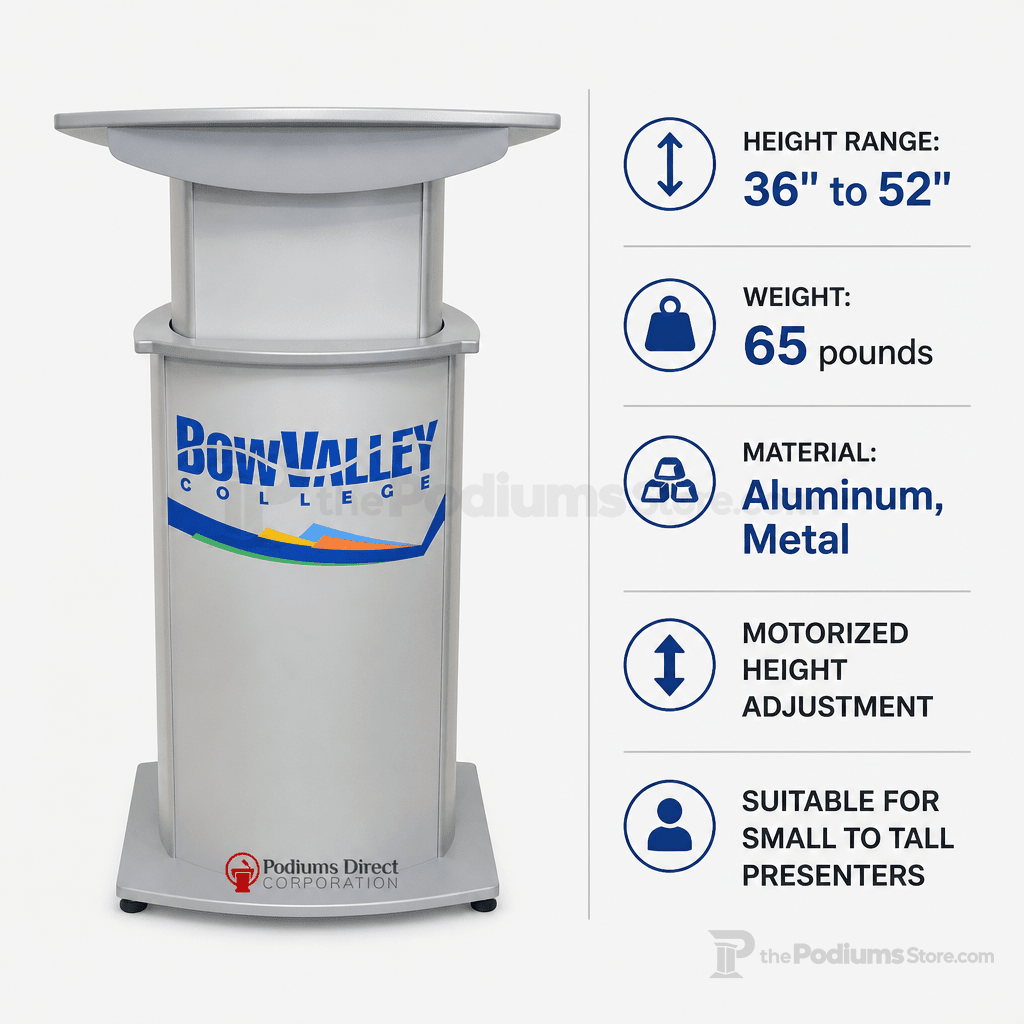 Motorized Height-Adjustable Aluminum Podium Height Adjustable Lectern 1ALADJ Silver Top & Base No Logo - thePodiumsStore