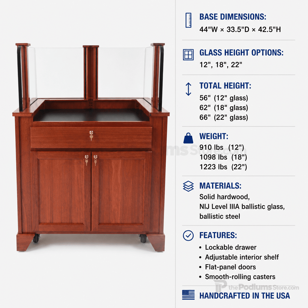 NIJ Level III Bullet-Resistant Workstation Desk Security Workstation PRO344-12-C 12" Cherry Wood Natural (Clear Finish) - thePodiumsStore