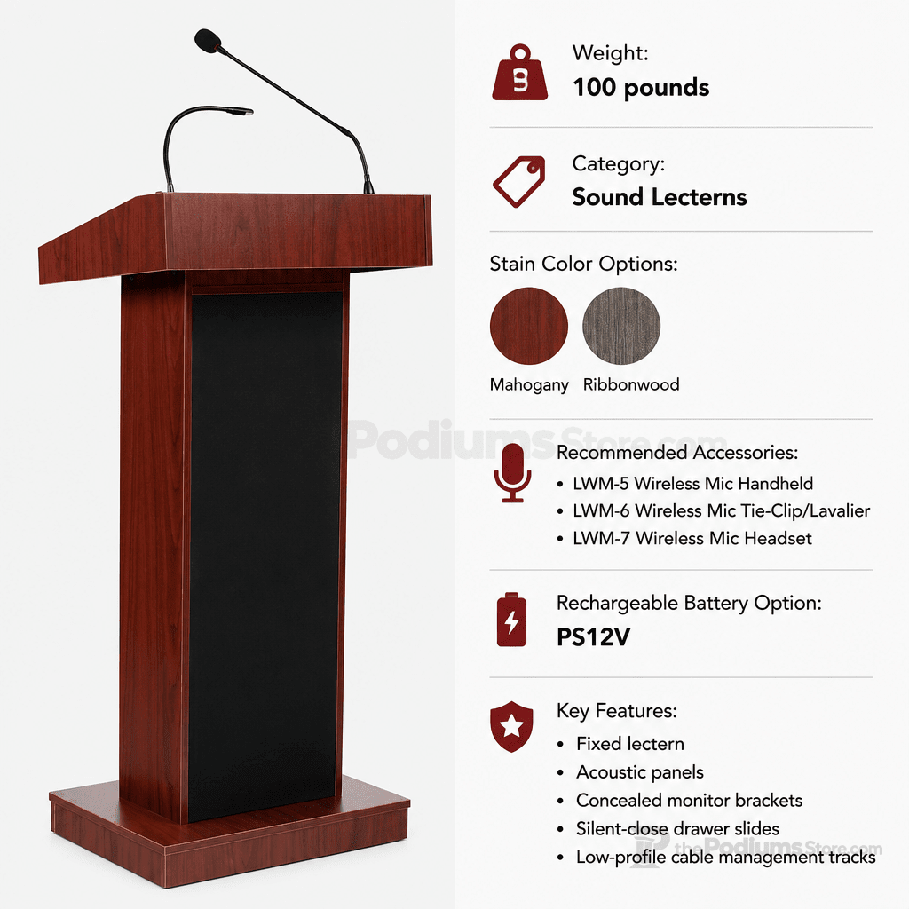 Orator Fixed-Height Sound Lectern (PS-800X) Sound Lectern 800X Mahogany No Accessories No Battery - thePodiumsStore