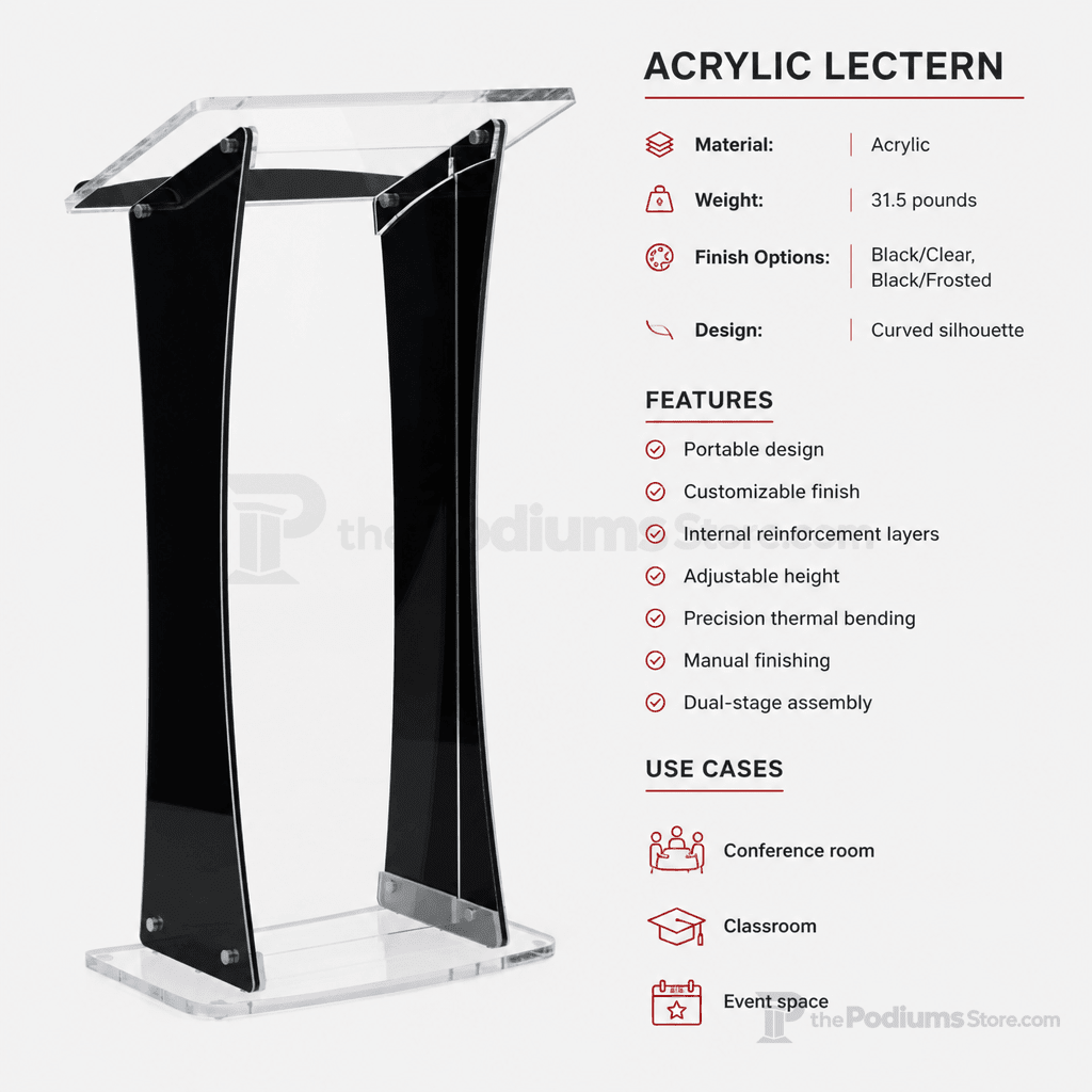 Portable Curved Acrylic Lectern Acrylic Lectern KDUVLEBKC Black/Clear - thePodiumsStore