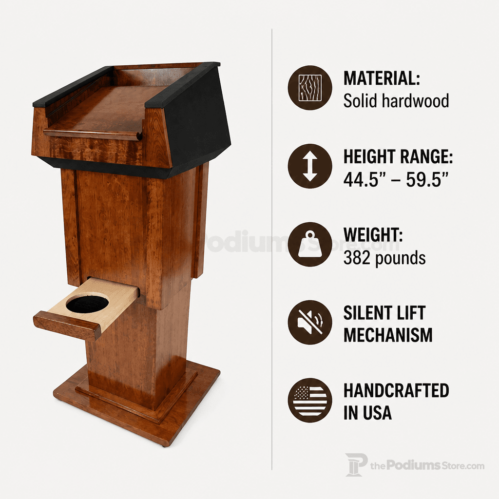 Presidential Lift Solid Hardwood Lectern (PS-PRES500-LIFT) Hardwood Lectern PRES500-LIFT Oak Wood - Natural (Clear Coat) Black No Logo - thePodiumsStore